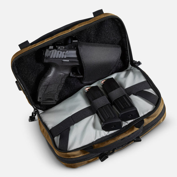 TRGR Logan CCW Waist Pack With MOLLE, Coyote Brown, view of rear pocket with pistol and magazines