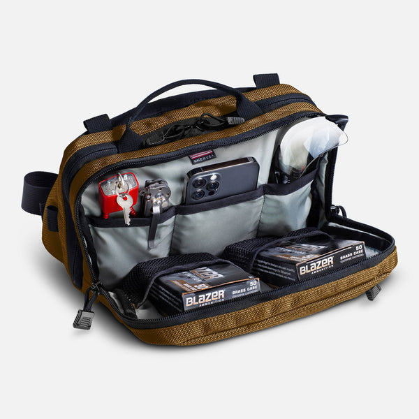 TRGR Logan CCW Waist Pack With MOLLE, Coyote Brown,  view of front compartment with accessories
