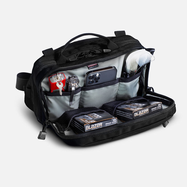 TRGR Logan CCW Waist Pack With Loop, Stealth Black, view of front compartment with accessories